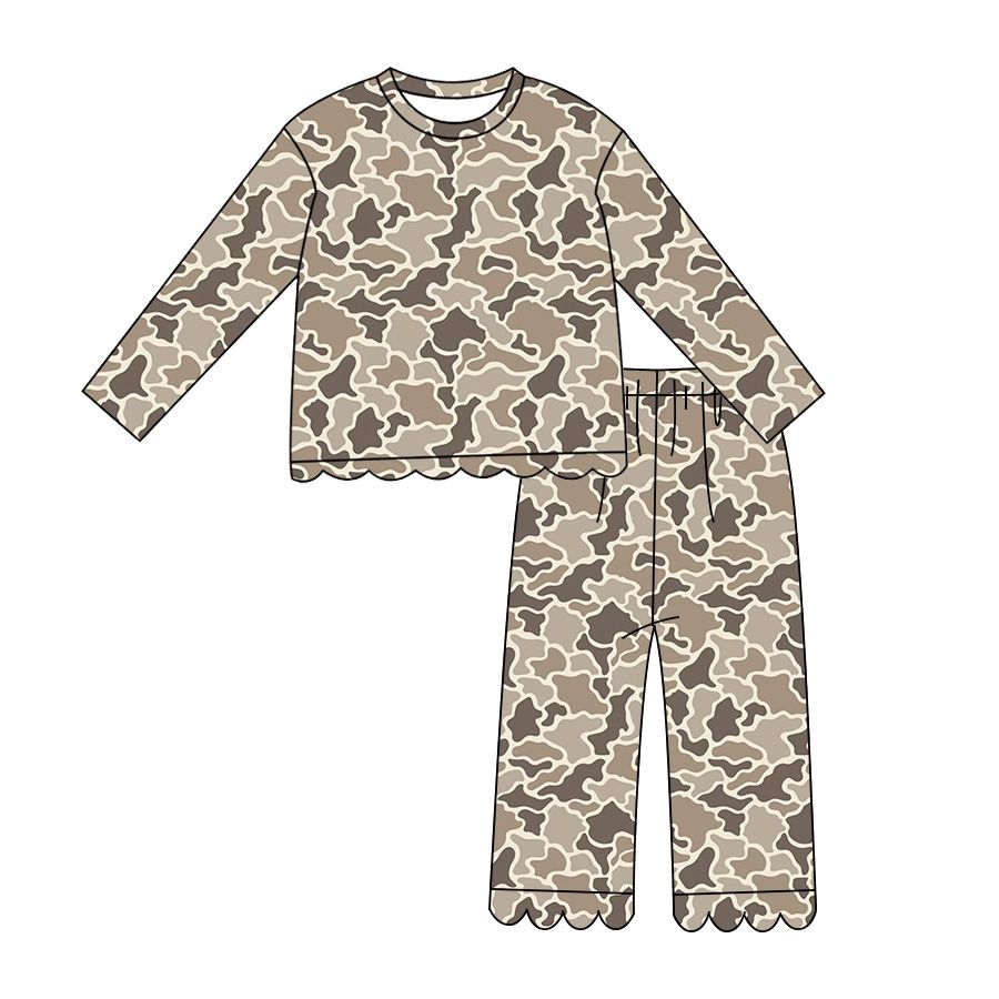 Moq 5 Preorder Baby Girls Kids Long Sleeves Shirt Pants Scallop Set Camo Clothes