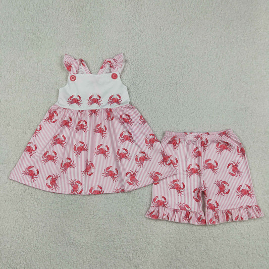 Baby Girls Short Sleeves Crabs Stripes Tops Ruffle Shorts Summer Clothes Set