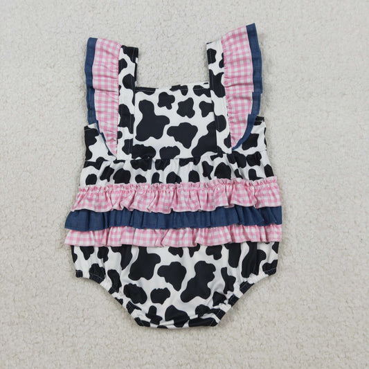 RTS Baby Girls Kids Short Sleeves Bows Cow Print Western Bubble Romper