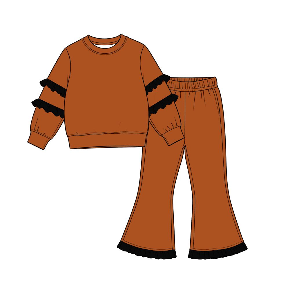 Moq 5 Preorder Baby Girls Kids Black Ruffle Long Sleeves Shirt Bell Pants Set Cotton Clothes