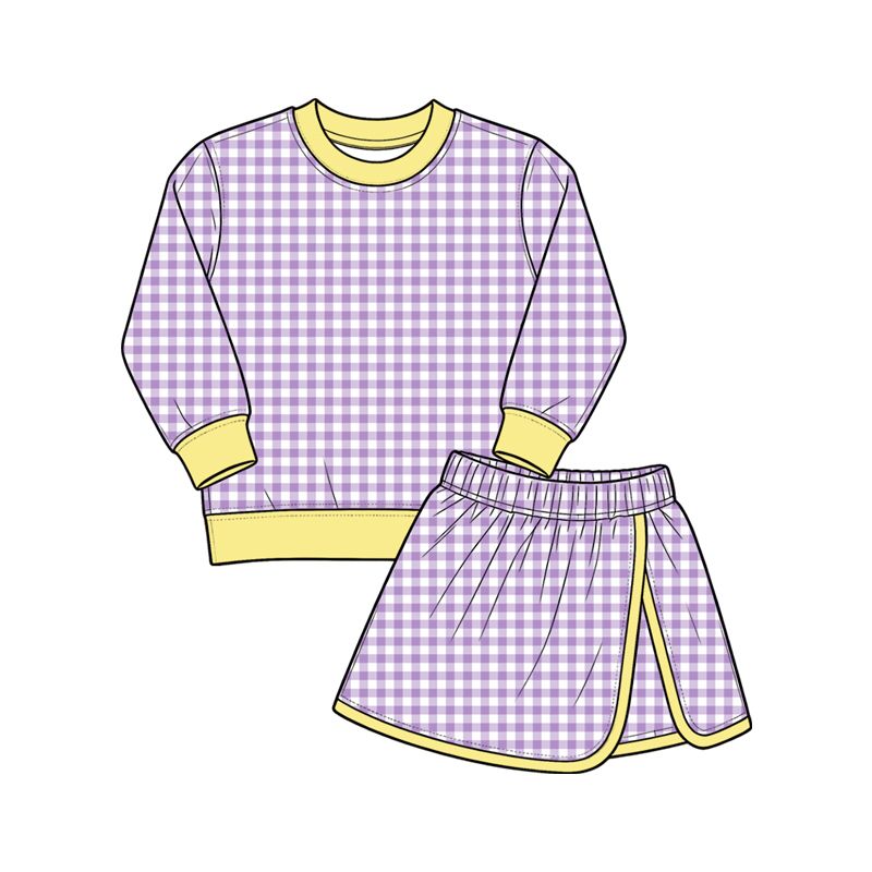 Moq 5 Preorder Baby Girls Kids Long Sleeves Purple Plaid Shirt Skirt Shorts Set Yoga Active Clothes