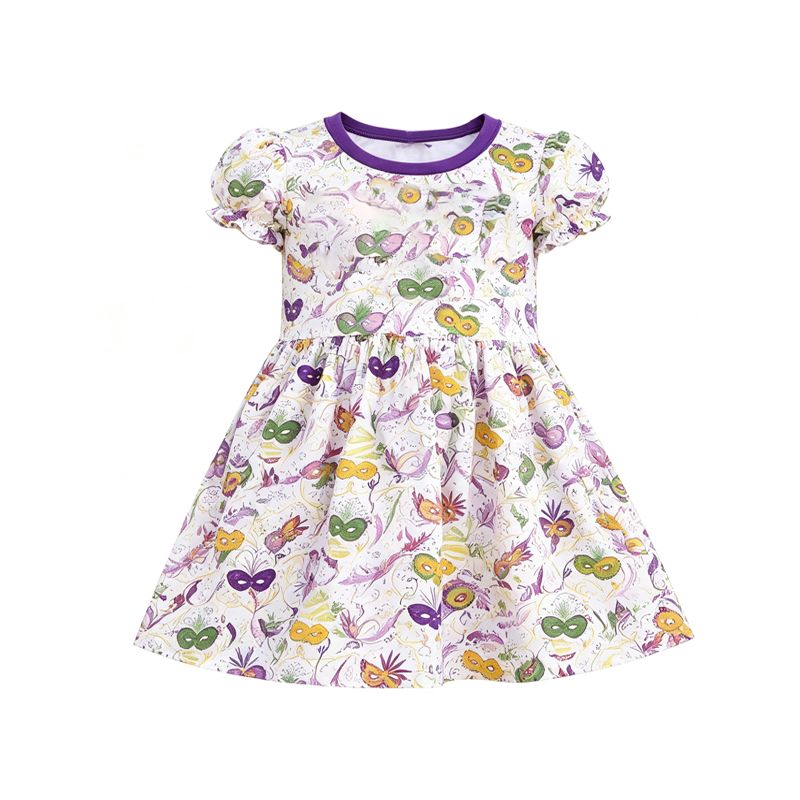 Moq 5 Preorder Baby Girls Kids Short Sleeves Masks Mardi Gras Knee Length Dress Clothes