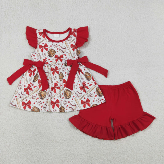 RTS Baby Girl Infant Short Sleeves Baseball Red Bows Summer Bubble Romper