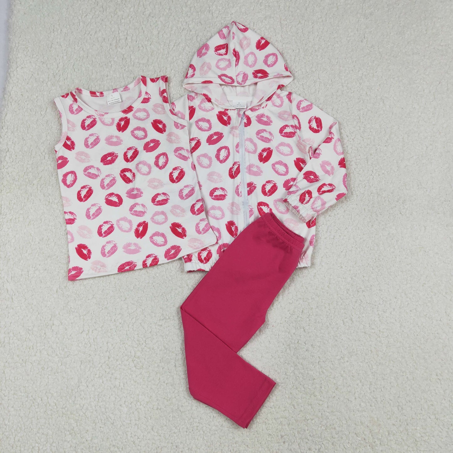 Baby Girls Long Sleeves Zipper Hoodie Tops Pink Pants Valentine 3 pics Set
