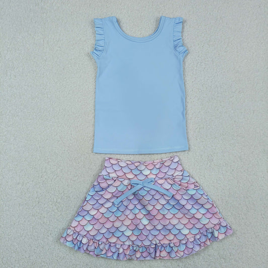 Baby Girls Kids Blue Tops Pockets Scallop Skirt Shorts Yoga Clothes Summer Set