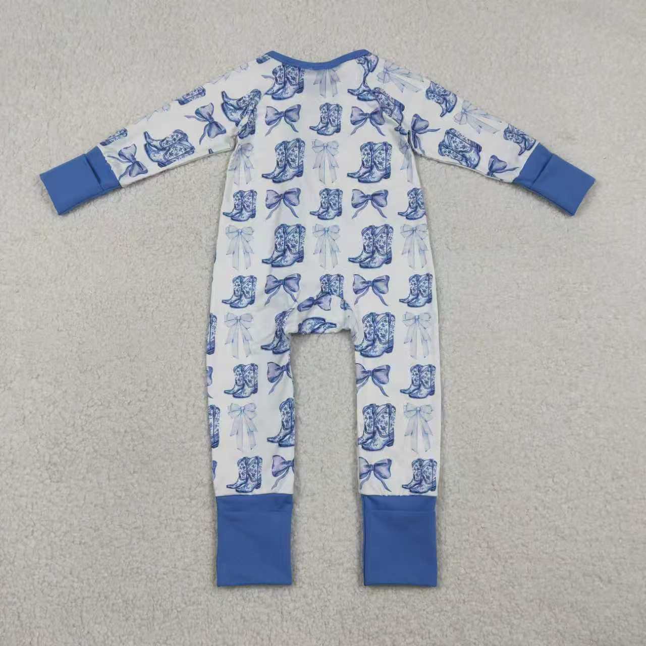 Sibling Baby Girl Long Sleeves Blue Bows Boots Western Zipper Romper Pajamas Clothes Set