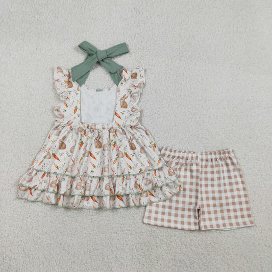 RTS Baby Girls Kids Carrots Rabbits Buttons Tunic Plaid Shorts Easter Clothes Set