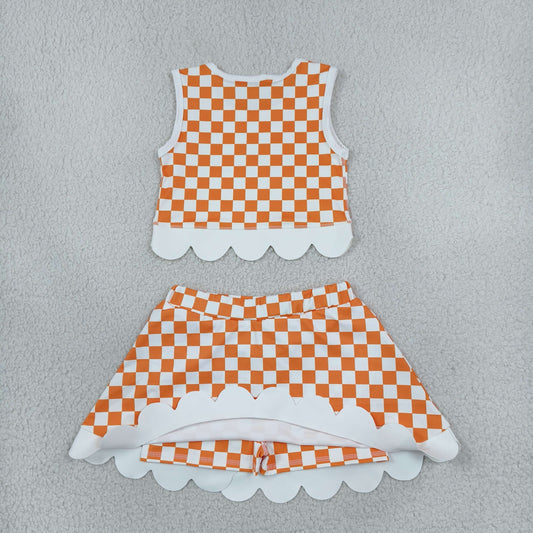 Baby Girls Kids Orange Checked Shirt Scallop Bows Skirt Shorts Team Set Yoga Active Clothes