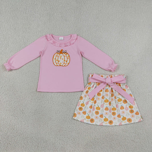 Baby Girls Kids Embroidery Pink Tops Pumpkins Bows Skirt Fall Set Clothes