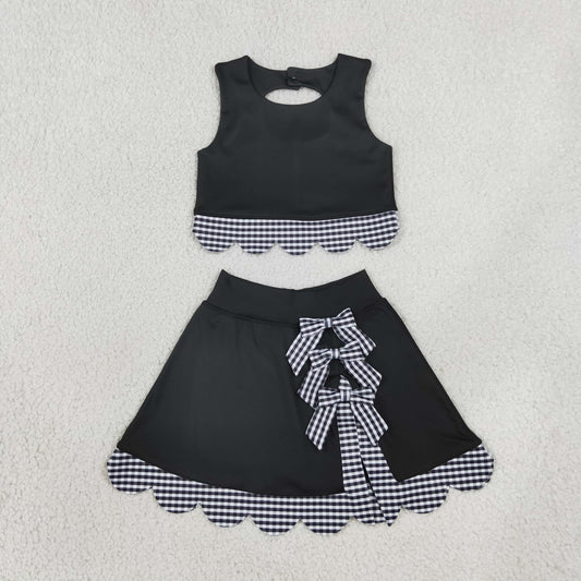 Baby Girls Kids Scallop Shirt Black Plaid Bows Skirt Shorts Set Yoga Active Clothes
