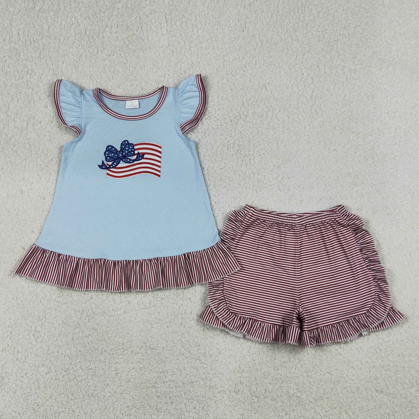 Baby Girls Kids Short Sleeves Flag Stars Bow Tops Stripes Shorts 4th of July Set