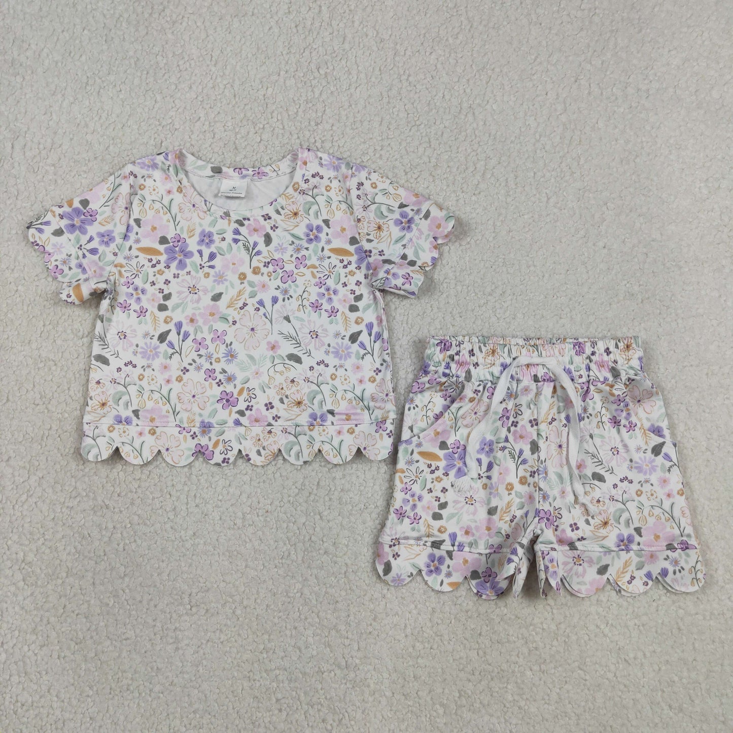 Baby Girls Toddler Short Sleeves Purple Flower Shirt Shorts Summer Set