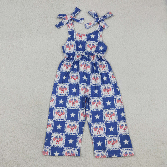 Baby Girls Sleeveless Flags Bows Stars 4th of July Jumpsuit