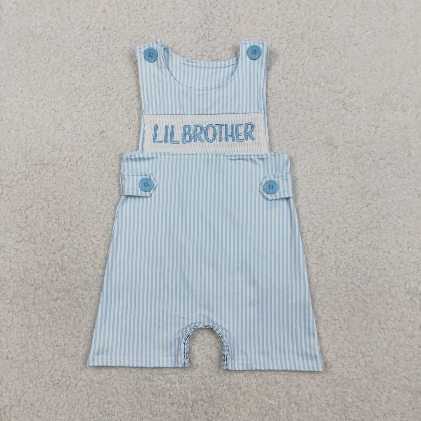 RTS Baby Boys Sleeveless Embroidery Smocked Little Brother Blue Stripes Romper