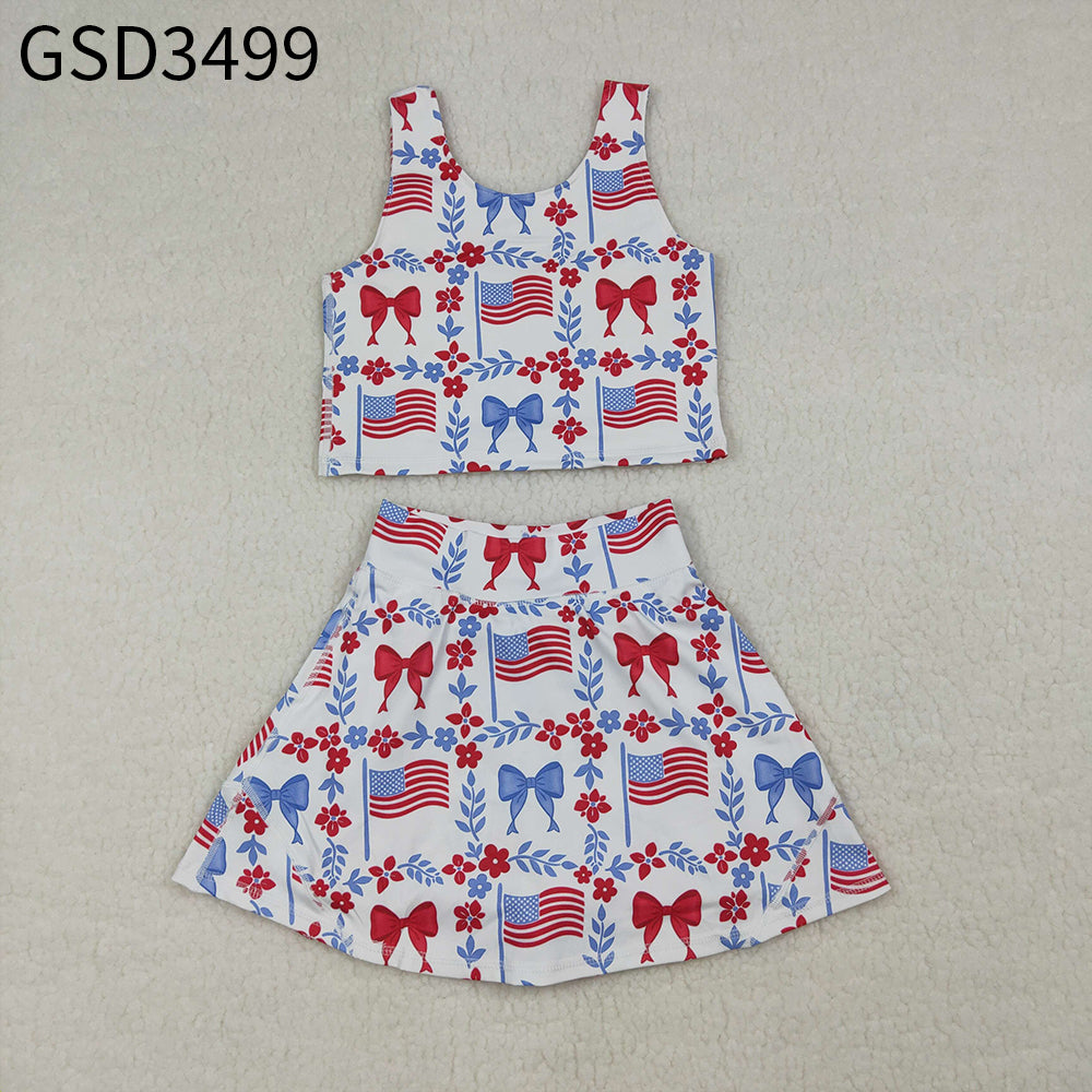 RTS Baby Girls Flags Bows Flowers Tops Skirt Shorts 4th of July Set Yoga Clothes
