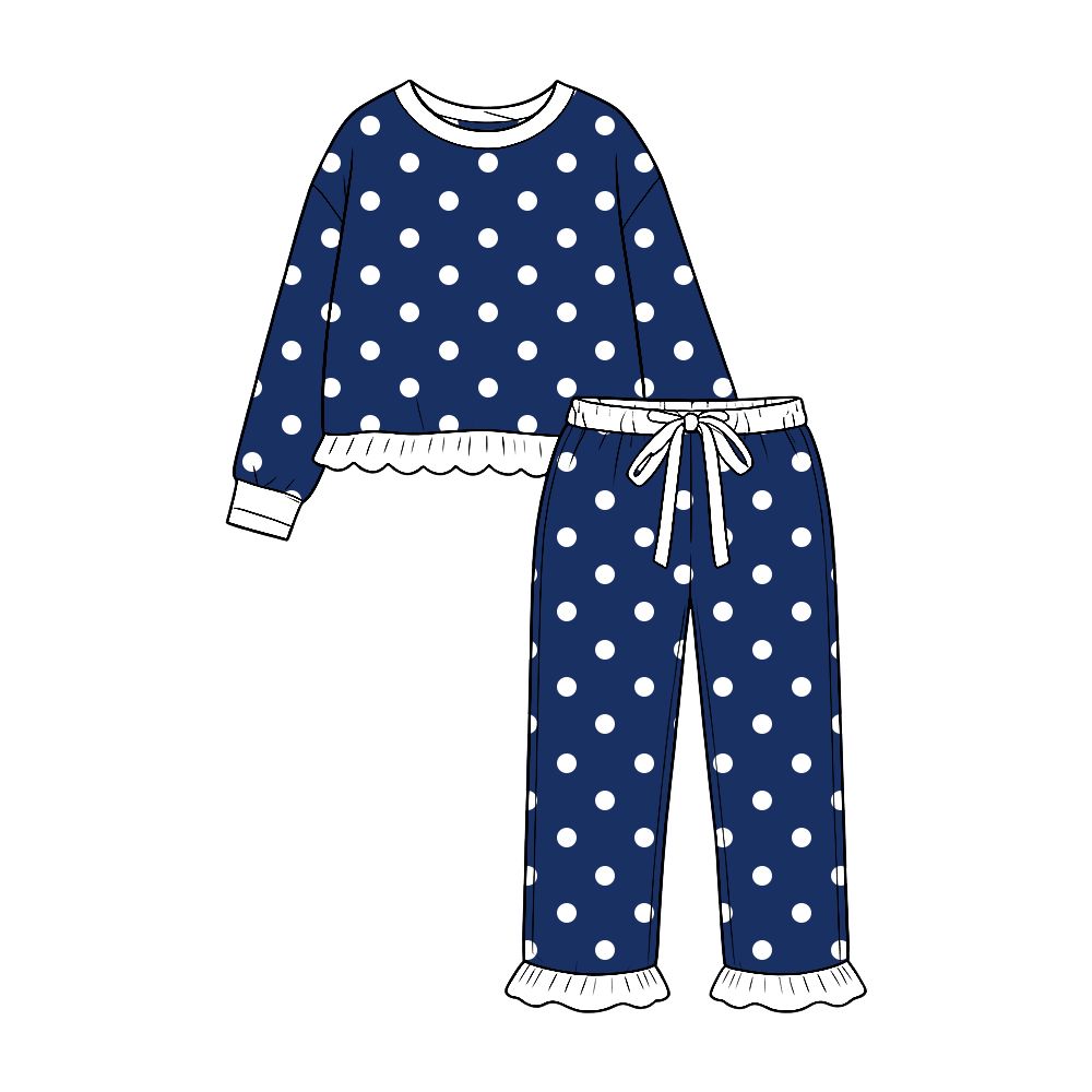 Moq 5 Preorder Baby Girls Kids Long Sleeves Dots Shirt Ruffle Pants Set Navy Clothes