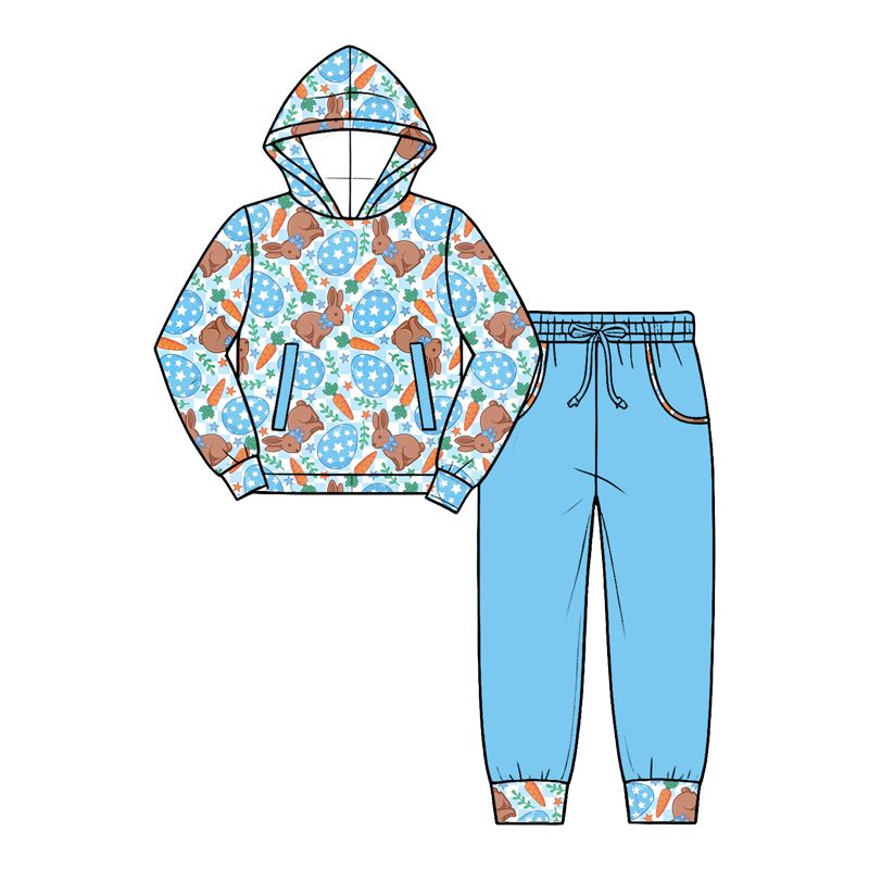 Moq 5 Preorder Baby Boys Kids Rabbits Carrots Eggs Hoodie Pullover Pockets Blue Pants Easter Set Clothes
