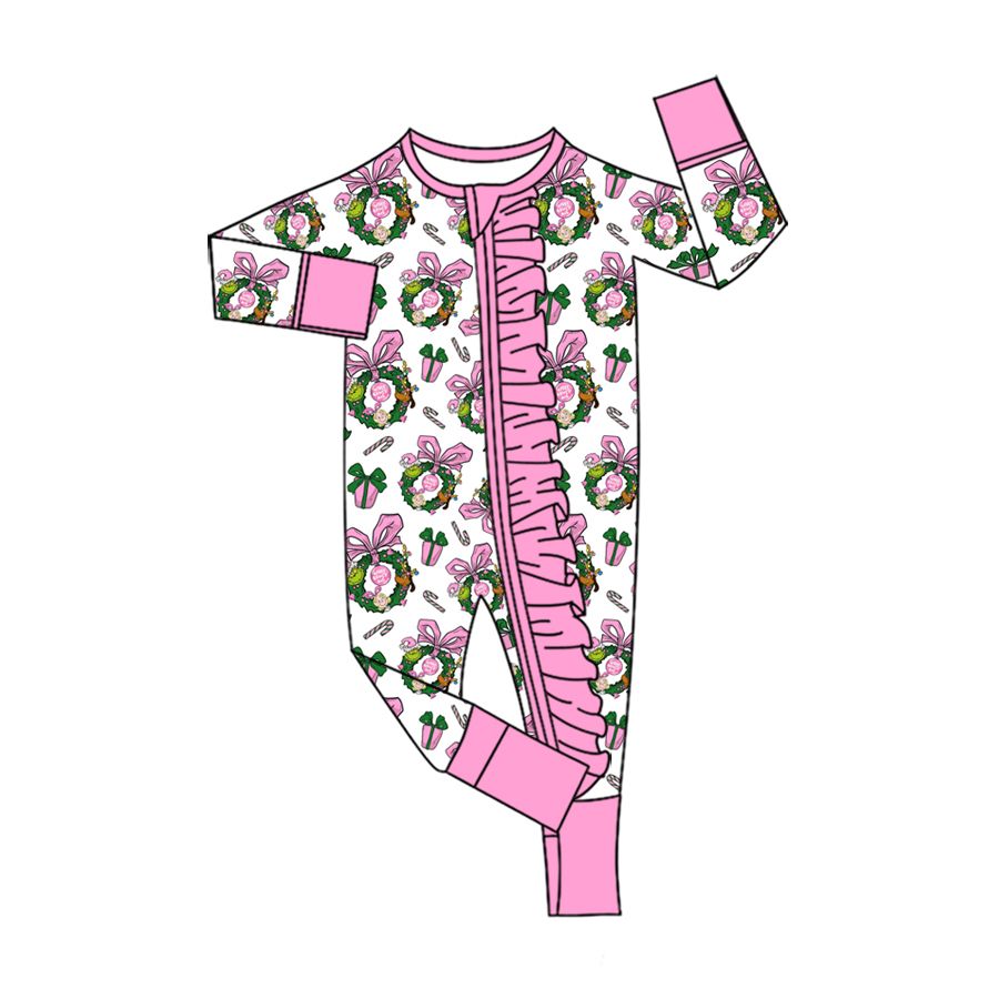 Moq 5 Preorder Baby Girls Kids Christmas Green Face Bows Zipper Sleeper Footie Romper Clothes