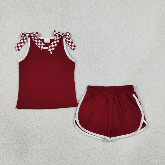 Baby Girls Kids Sleeveless Checked Bows Shirt Shorts Dark Red Set Summer Clothes