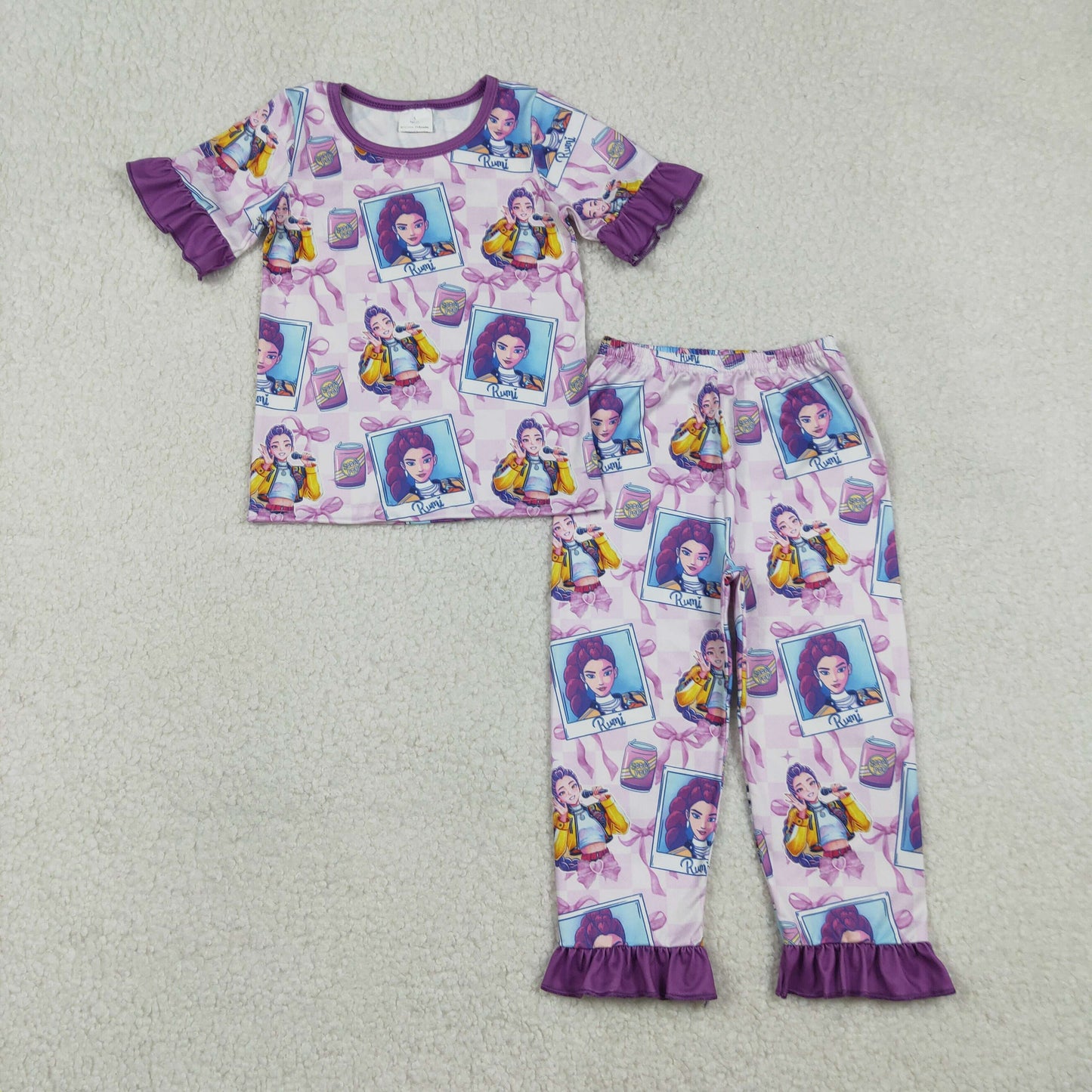 Baby Girls Short Sleeves Singer Characters Purple Bows Shirt Pants Pajamas Set