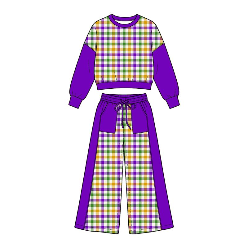 Moq 5 Preorder Baby Girls Kids Plaid Shirt Pockets Pants Mardi Gras Set Purple Clothes