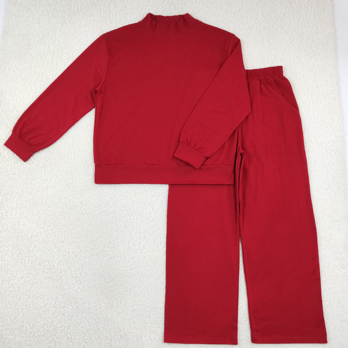 Adult Women Long Sleeves Dark Red Shirt Pockets Pants Cotton Set Mock Neck Clothes RTS