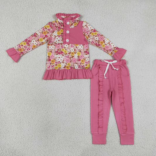 Baby Girls Kids Long Sleeves Flower Buttons Pullover Pockets Pink Pants Set Clothes