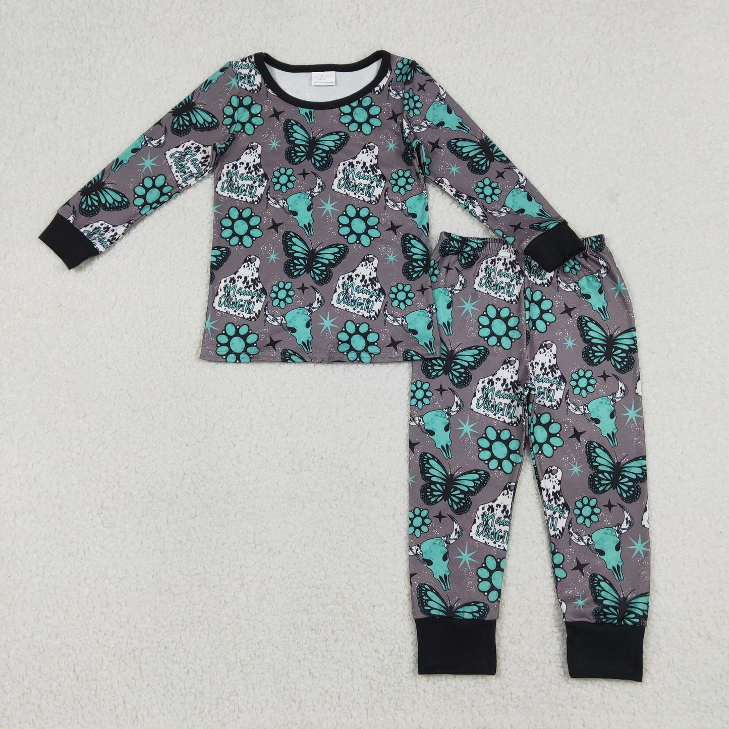 Baby Girls Kids Long Sleeves Western Cow Print Turquoises Shirt Pants Pajamas Set