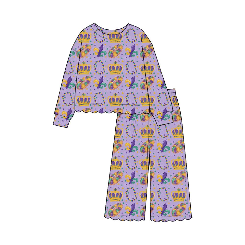 Moq 5 Preorder Baby Girls Kids Flower Donuts Shirt Pants Scallop Set Mardi Gras Clothes