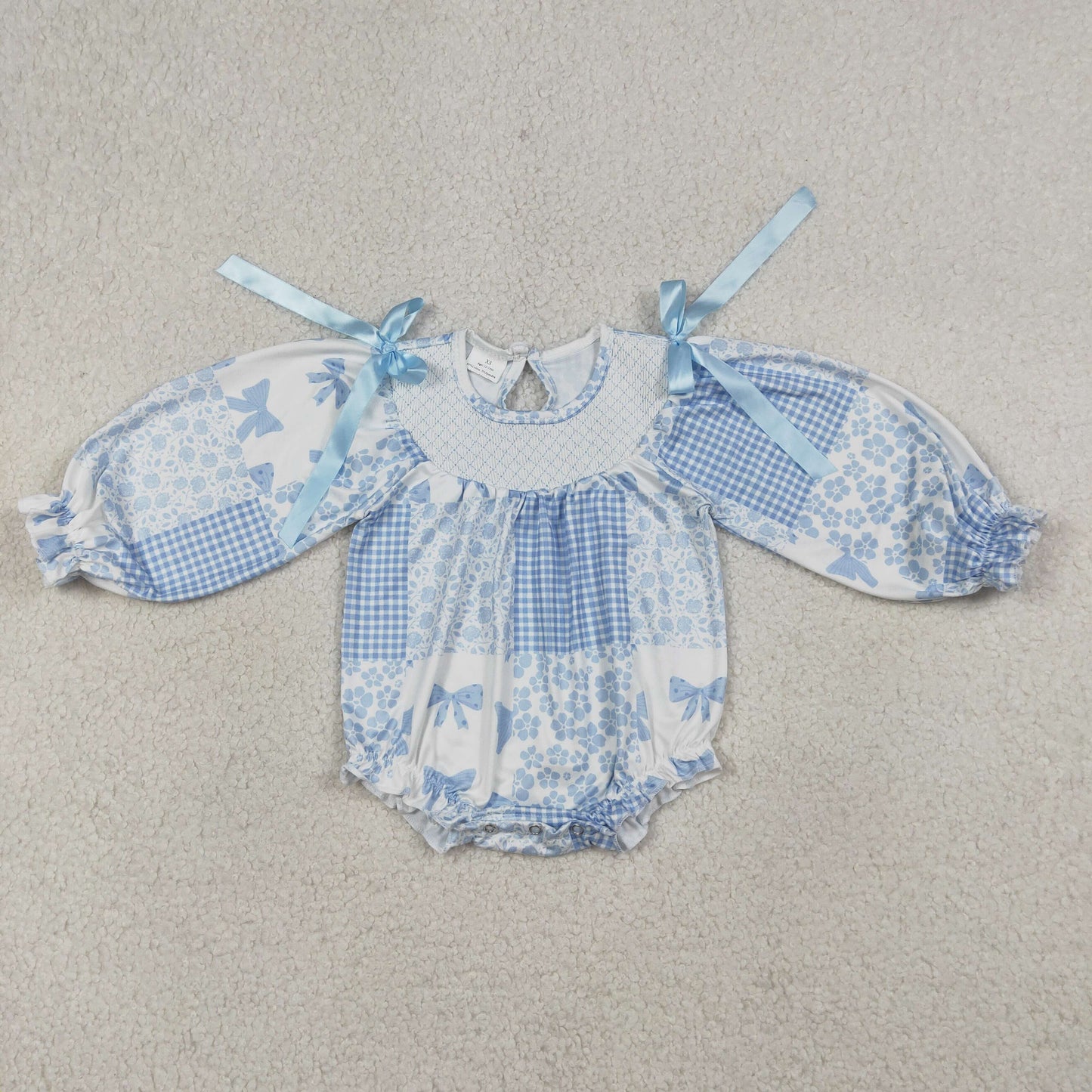 RTS Baby Girls Kids Long Sleeves Embroidery Smocked Blue Bows Flower Bubble Romper
