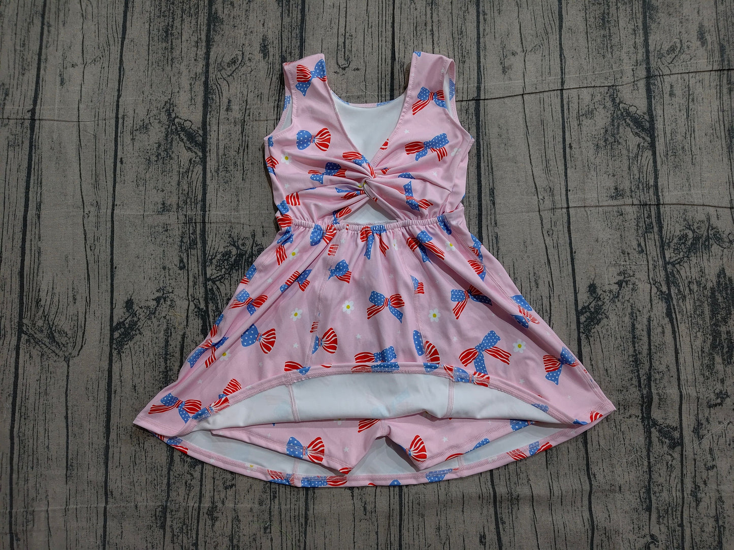 Preorder Baby Girls Toddler Bows Flower 4th of July Pink Yoga Shorts Knee Length Dress