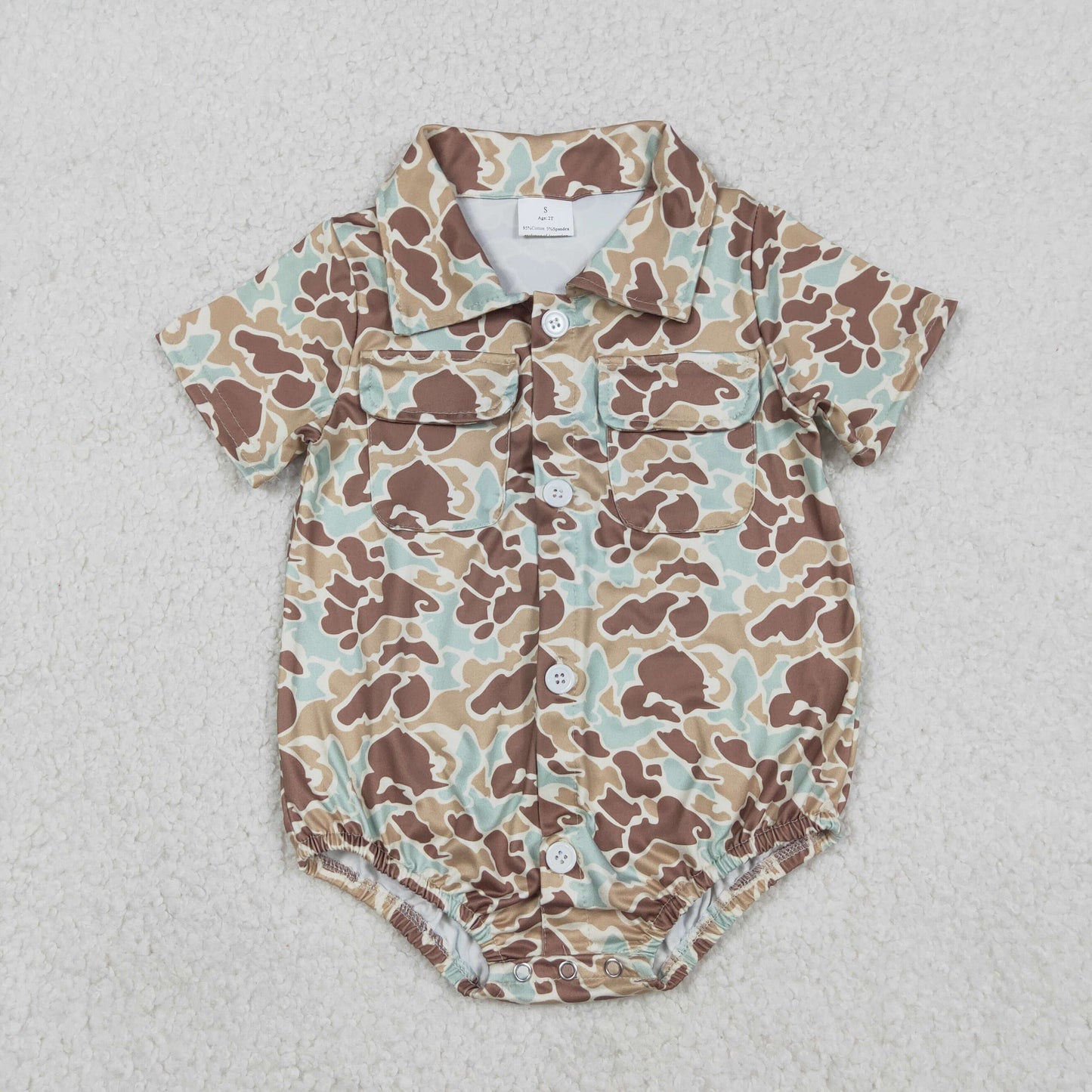 Baby Boys Short Sleeves Green Camo Pockets Buttons Romper