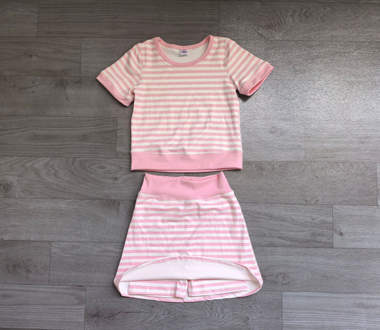 No moq Preorder Baby Girls Kids Short Sleeves Shirt Pink Stripes Skirt Shorts Set Yoga Active Clothes