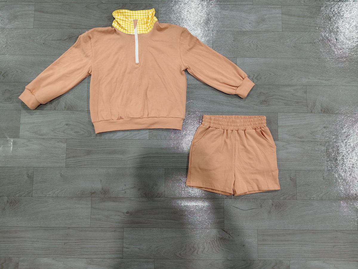 No moq Preorder Baby Girls Kids Long Sleeves Zipper Pullover Pockets Shorts Brown Set Cotton Clothes