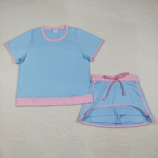 RTS Adult Women Short Sleeves Shirt Skirt Shorts Blue Cotton Clothes Set