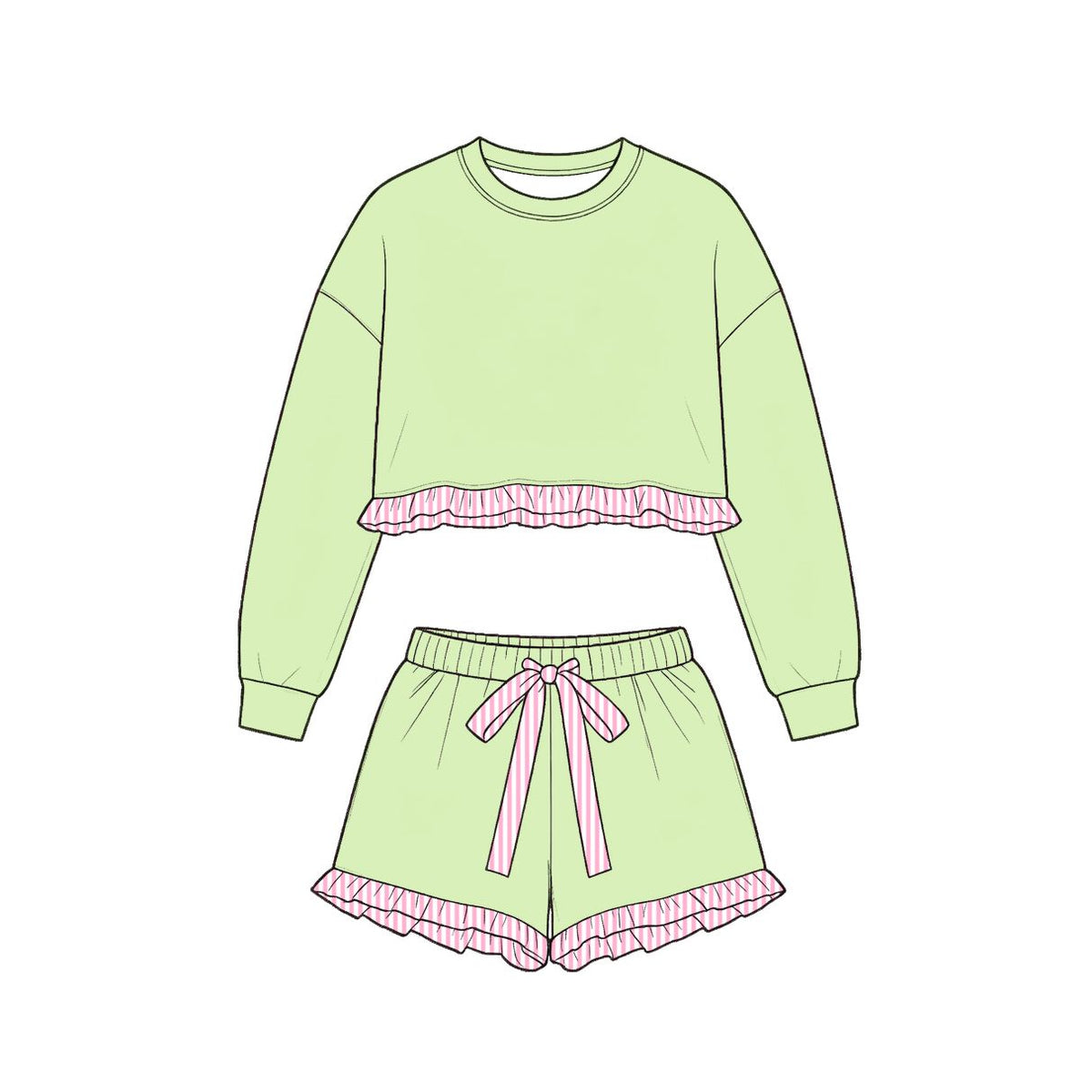 Moq 5 Preorder Baby Girls Kids Long Sleeves Green Shirt Stripes Shorts Set Cotton Clothes