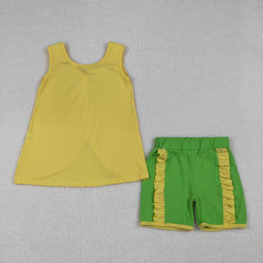 (Baby Girls Yellow Sleeveless Green Bows Tops Ruffle Shorts Set Clothes