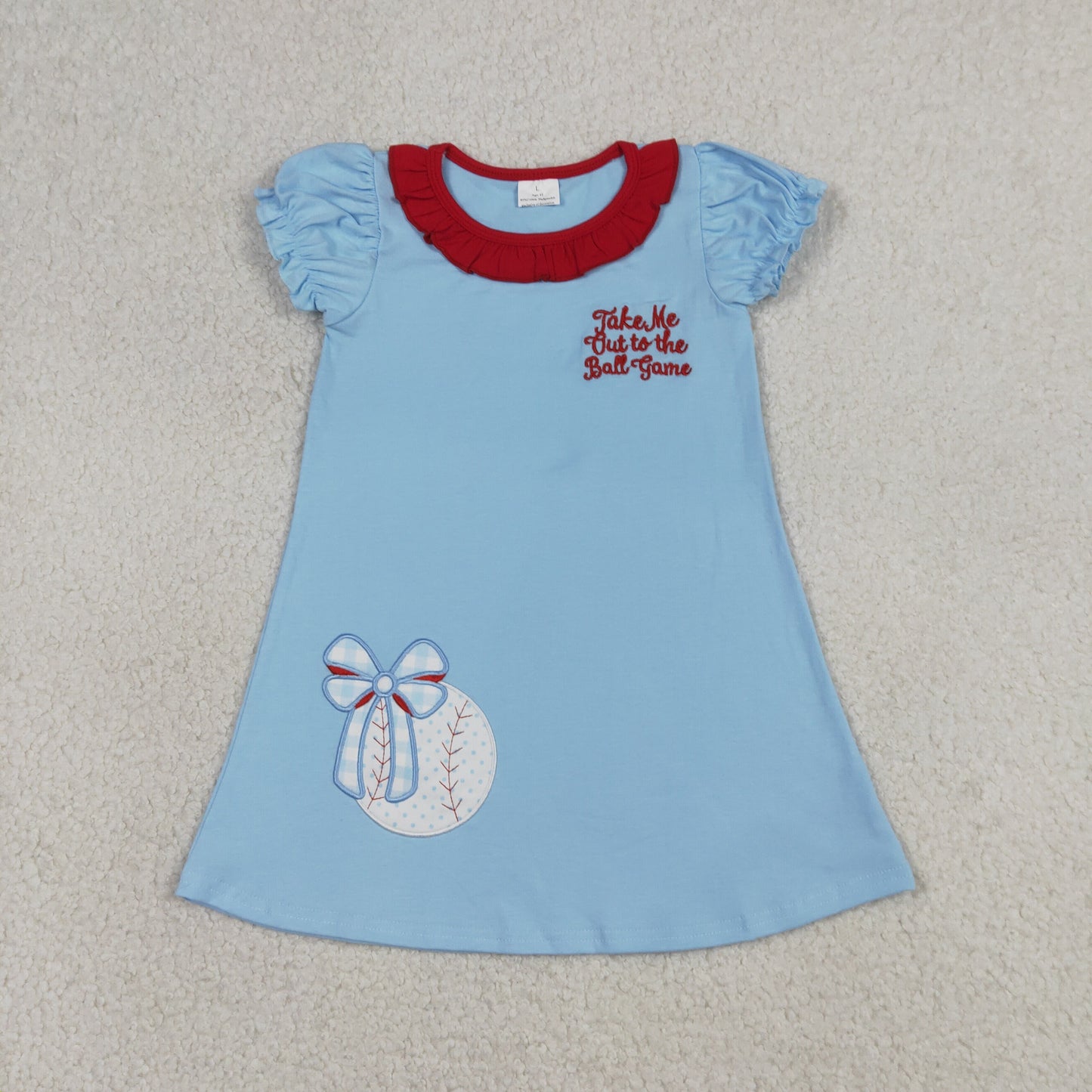 RTS Baby Girls Kids Short Sleeves Embroidery Baseball Bows Blue Knee Length Dress