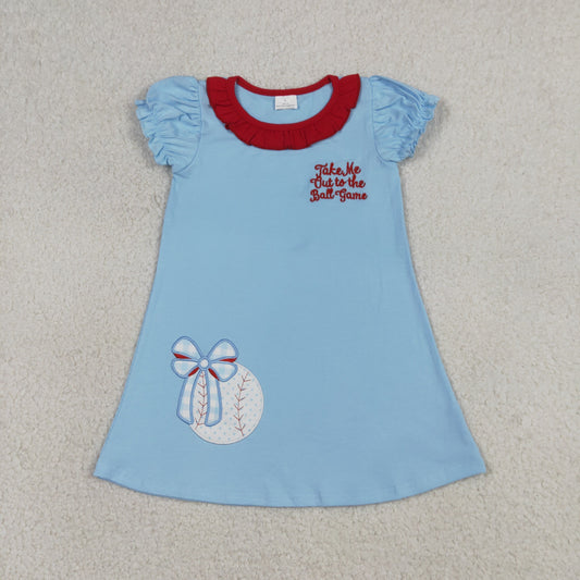 RTS Sibling Baby Girls Kids Embroidery Baseball Bows Blue Tops Stripes Shorts Set Dress Clothes