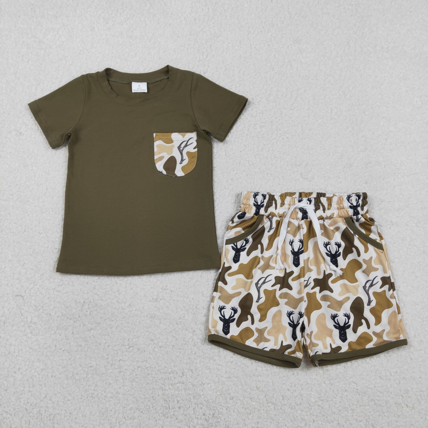 RTS Sibling Baby Boys Kids Short Sleeves Deer Camo Shirt Pockets Shorts Set Romper Clothes
