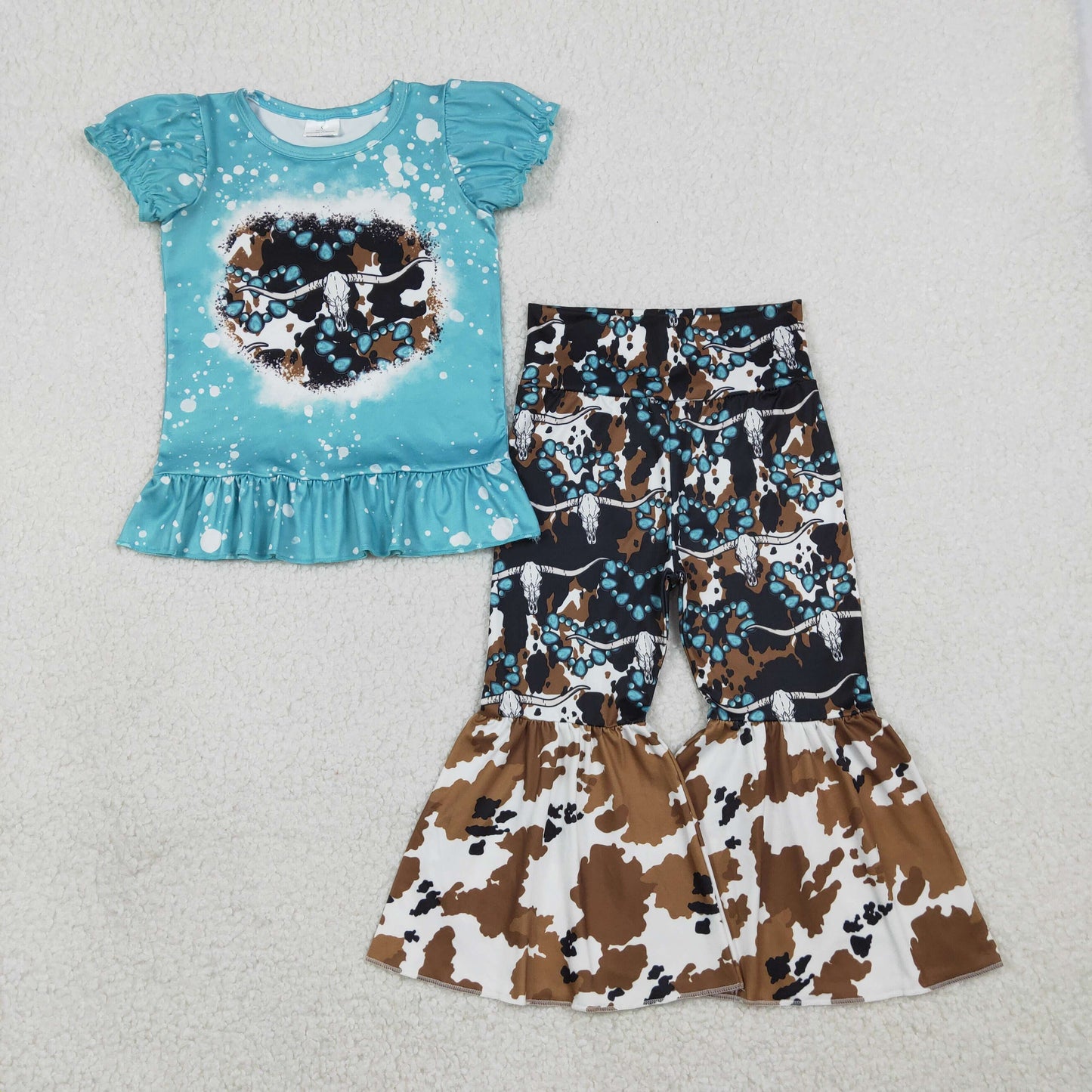 RTS Baby Girls Kids Short Sleeves Shirt Western Turquoises Cow Bell Pants Set