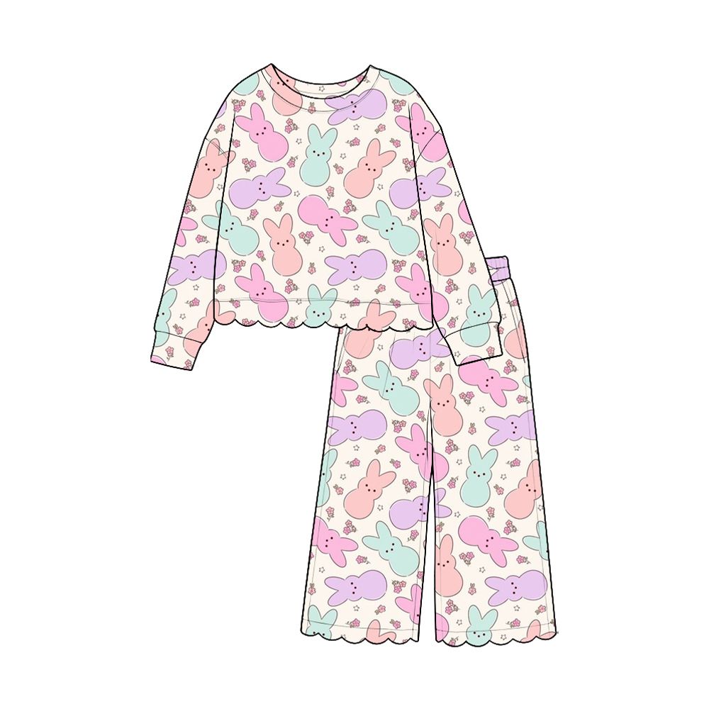 Moq 5 Preorder Baby Girls Kids Long Sleeves Rabbits Floral Shirt Pants Scallop Set Easter Clothes