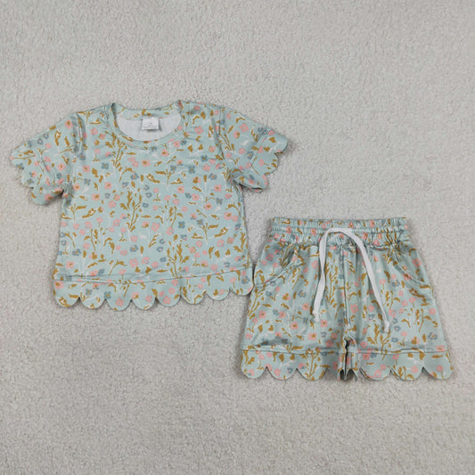 Baby Girls Toddler Short Sleeves Floral Shirt Shorts Summer Green Set