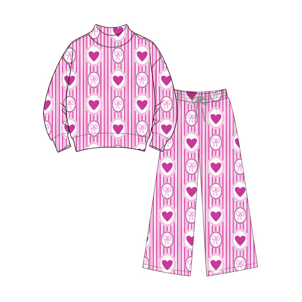Moq 5 Preorder Adult Women Long Sleeves Hearts Bows Stripes Shirt Pants Valentine Set Clothes