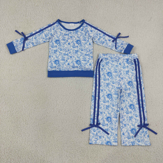 Baby Girls Kids Long Sleeves Flower Blue Bows Shirt Pockets Pants Set Clothes
