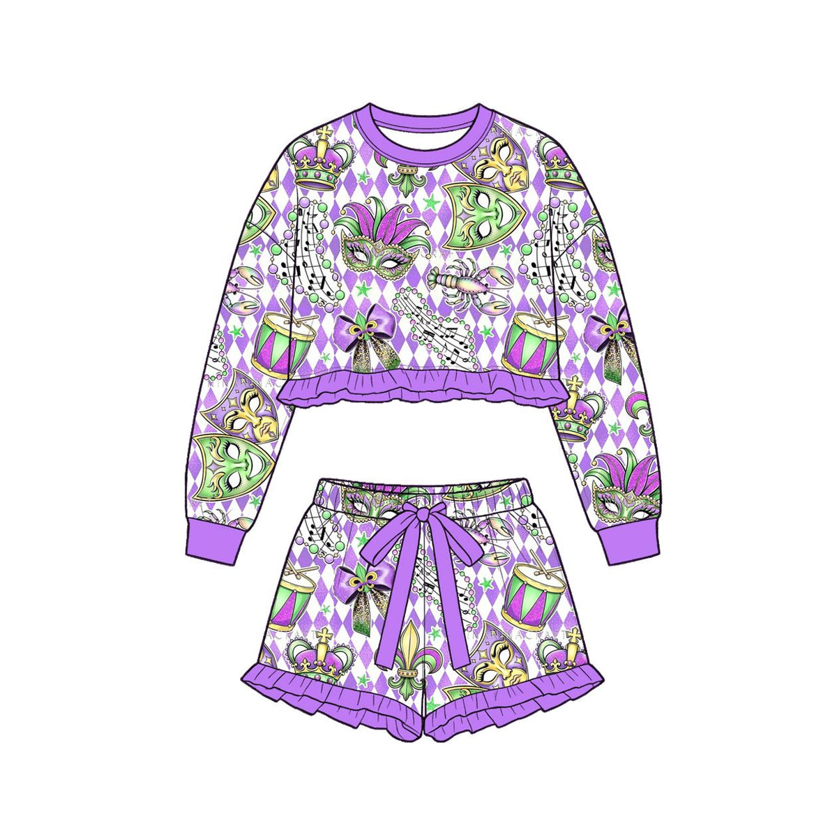 Moq 5 Preorder Baby Girls Kids Long Sleeves Masks Plaid Shirt Shorts Set Mardi Gras Clothes