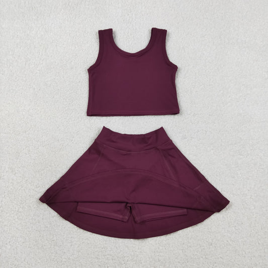 RTS Baby Girls Kids Sleeveless Dark Red Tops Shorts Skirt Yoga Active Set