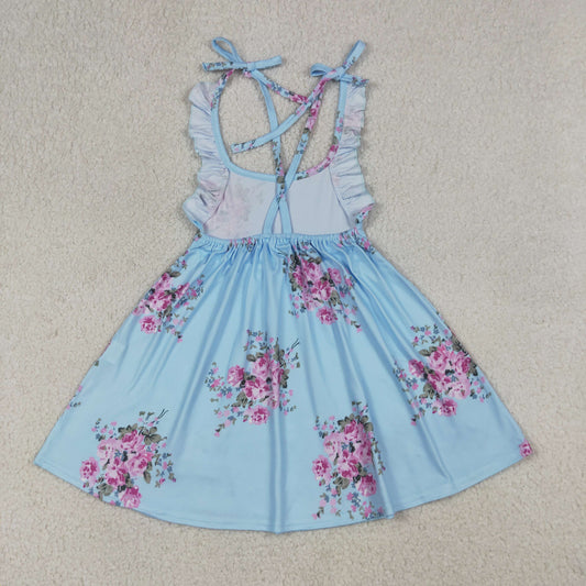 Baby Girls Kids Sleeveless Flower Knee Length Blue Dress Summer Clothes