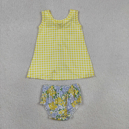 Baby Girls Toddler Sleeveless Plaid Tops Yellow Blue Flower Bummie Shorts Set