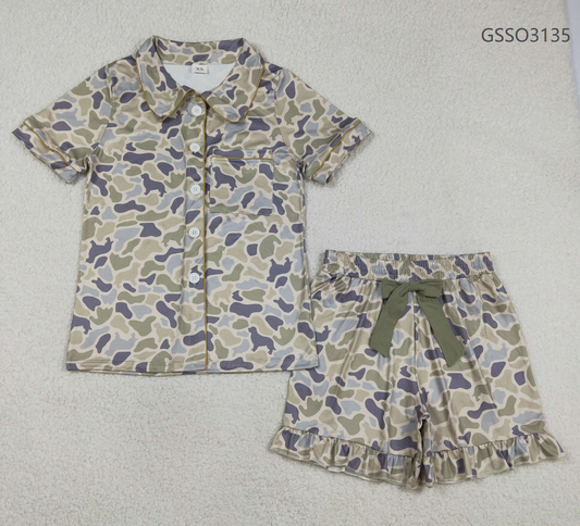 RTS Adult Women Short Sleeves Dogs Camo Buttons Shirt Bows Shorts Pajamas Clothes Set
